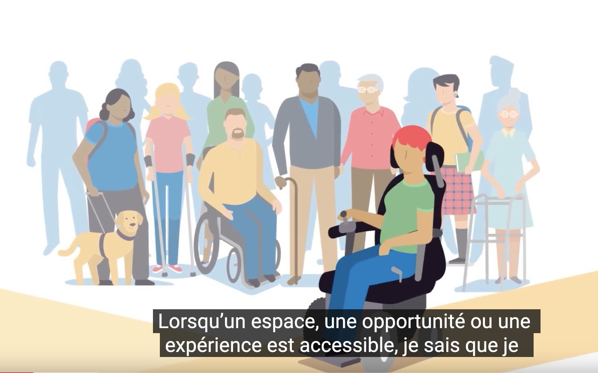 Graphic of a group of people. In the forefront is a person using a power wheelchair. Directly behind them in a row is someone using a guide dog